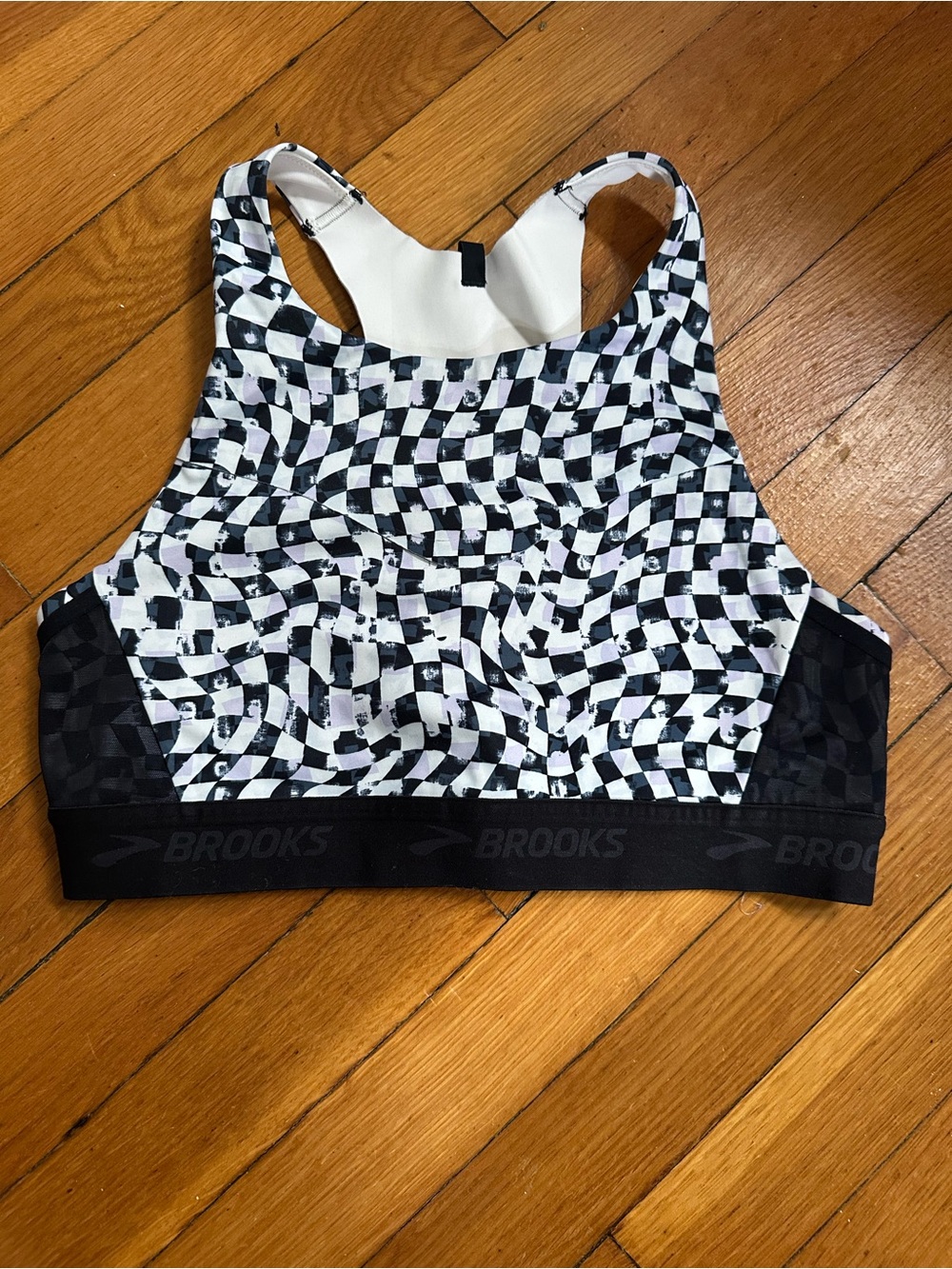 Brooks Black & White Checkerboard High-Neck Sports Bra